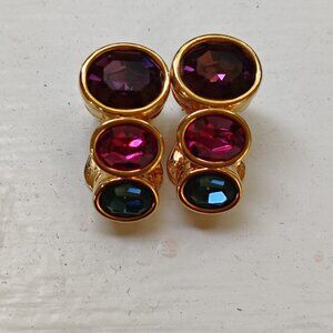 Nolan Miller signed vintage  multicolored bezel crystal gold drop clip earrings